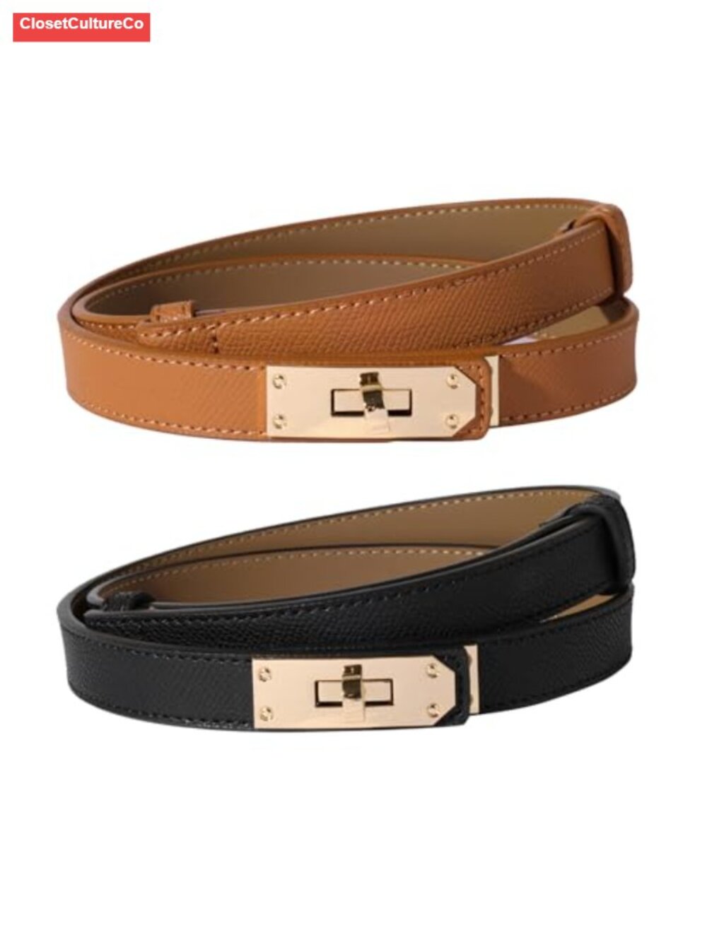Women's Skinny Leather Belt with Golden Alloy Turn Lock Buckle